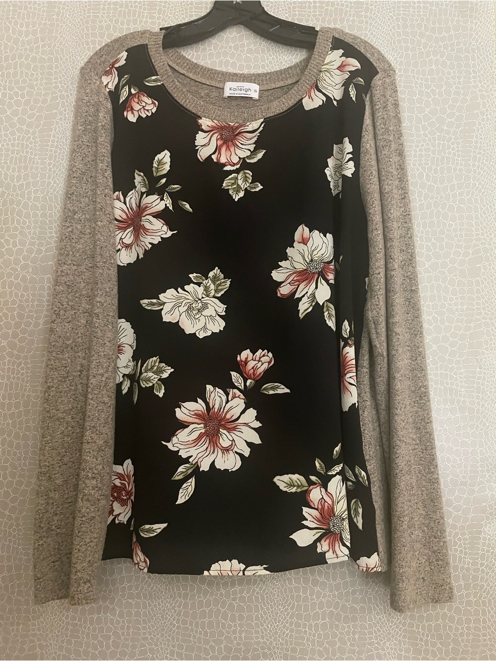 Kaileigh Soll Mixed Material Top -Black Floral Long Sleeve Top with Gray Sleeves